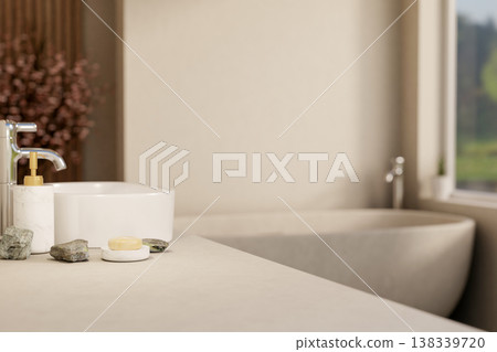 Pumping bottle and soap with mineral stone on ceramic sink counter across tub in the modern bathroom 138339720