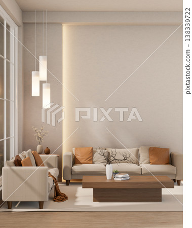 Cylindrical lamps hanging over sofa couch with wooden table on carpet floor in a modern living room. 138339722