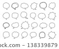 A set of hand-drawn black speech bubbles in various shapes, including simple, fluffy, and jagged designs (with transparent backgrounds). 138339879