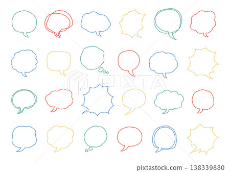 一組手繪的對話框，形狀各異，有簡單型、蓬鬆型和鋸齒型等，顏色鮮豔（背景透明）。 138339880