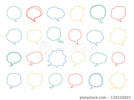 A set of hand-drawn speech bubbles in various shapes such as simple, fluffy, and jagged, in bright colors (with backgrounds). A set of hand-drawn speech bubbles in various shapes such as simple, fluffy, and jagged, in bright colors (with backgrounds). 138339883