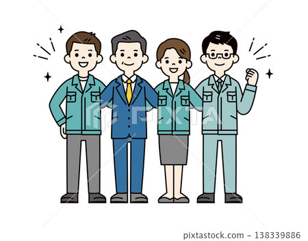 Full-body vector illustration of a factory president, manager, workers, employees, and office staff with their arms around each other's shoulders. Full-body vector illustration of a factory president, manager, workers, employees, and office staff with their arms around each other's shoulders. 138339886