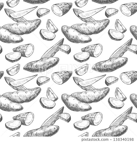 Sweet potato sketch. Vector seamless pattern, of a whole vegetable and a camote slice. Hand drawn illustration imitating an engraving. Line Ink outline drawing of a yam. Rustic style background Sweet potato sketch. Vector seamless pattern, of a whole vegetable and a camote slice. Hand drawn illustration imitating an engraving. Line Ink outline drawing of a yam. Rustic style background 138340198