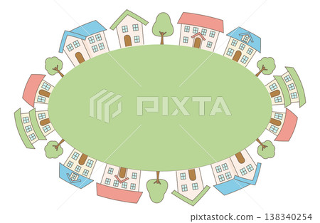 一幅圓形地面的插圖，上面排列著房屋，描繪了街景。 138340254