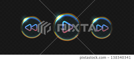 Glass button frame with play liquid ios and player holographic 3d. Effect music abstract with white glass blur and green ui shape. Light background glass with transparent round play and button. 138340341