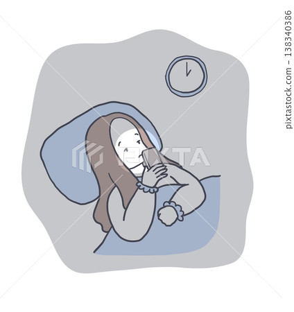 Illustration of a woman who can't sleep because she's using her smartphone in the middle of the night before going to bed. Illustration of a woman who can't sleep because she's using her smartphone in the middle of the night before going to bed. 138340386