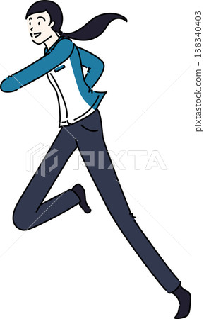 An illustration of a woman in work clothes running; blue uniform. An illustration of a woman in work clothes running; blue uniform. 138340403