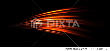 Red light trail element. Glowing neon speed line wave. Hot fire color luminous curved path concept. Abstract bent dynamic motion stripes. Bright fiery streaks for poster, banner, flyer. Vector Red light trail element. Glowing neon speed line wave. Hot fire color luminous curved path concept. Abstract bent dynamic motion stripes. Bright fiery streaks for poster, banner, flyer. Vector 138340407