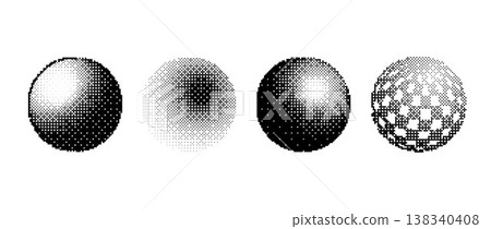 Pixel sphere shape set. Bitmap 3D globe form collection. Dither circle element pack for graphic design, banner, poster, leaflet. Rasterized effect halftone ball pack. Vector trend Y2K geometric bundle Pixel sphere shape set. Bitmap 3D globe form collection. Dither circle element pack for graphic design, banner, poster, leaflet. Rasterized effect halftone ball pack. Vector trend Y2K geometric bundle 138340408