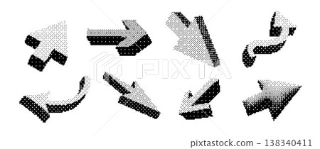 Black halftone arrow symbol set. Dotted arrowhead shape collection. Comic pop art direction or navigation icon bundle. Vector Bitmap curved or straight pointer sign pack for infographic poster, report Black halftone arrow symbol set. Dotted arrowhead shape collection. Comic pop art direction or navigation icon bundle. Vector Bitmap curved or straight pointer sign pack for infographic poster, report 138340411