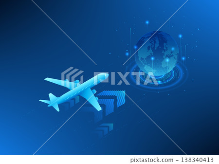 Transport and logistics business technology, airplane above arrow Pointing to the globe, concept of cargo aviation Using technology to help manage the transportation system, Isometric image Transport and logistics business technology, airplane above arrow Pointing to the globe, concept of cargo aviation Using technology to help manage the transportation system, Isometric image 138340413