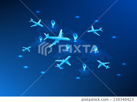 Transportation and logistics business technology background that uses technology for navigation. Pixelated world map with GPS icon pinned to the map. Airplane flying to destination, isometric image 138340423