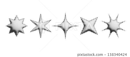 Halftone bitmap stars set. Pixelated comic burst and sparkle for poster, banner, flyer, collage, sticker. 3d dotted grain star shape collection. Pixel grunge element bundle. Vector graphic design pack Halftone bitmap stars set. Pixelated comic burst and sparkle for poster, banner, flyer, collage, sticker. 3d dotted grain star shape collection. Pixel grunge element bundle. Vector graphic design pack 138340424
