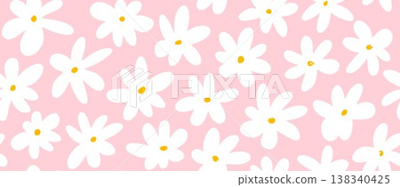 White pink flower seamless pattern background. Cute hand drawn floral repeated wallpaper. Romantic blossom motif for textile print, clothes fabric swatch, dress ornament, wrapping paper. Vector  138340425