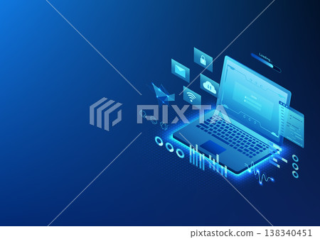 Computer technology background, Laptop login screen with data and software download status elements that shows work, Isometric image, Blue background, vector illustration Computer technology background, Laptop login screen with data and software download status elements that shows work, Isometric image, Blue background, vector illustration 138340451