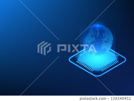 Microchip technology background with data transmission lines Above is the world, concept of development of artificial intelligence or AI around the world. Isothermal image, vector illustration Microchip technology background with data transmission lines Above is the world, concept of development of artificial intelligence or AI around the world. Isothermal image, vector illustration 138340452