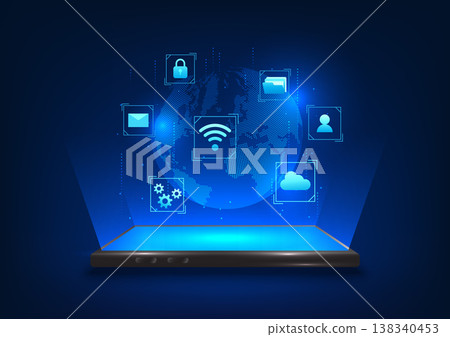 Smartphone technology background Mobile phone that projects hologram images, Earth with hi-tech icons, Shows the work of searching for high-tech digital information in network.Vector illustration Smartphone technology background Mobile phone that projects hologram images, Earth with hi-tech icons, Shows the work of searching for high-tech digital information in network.Vector illustration 138340453