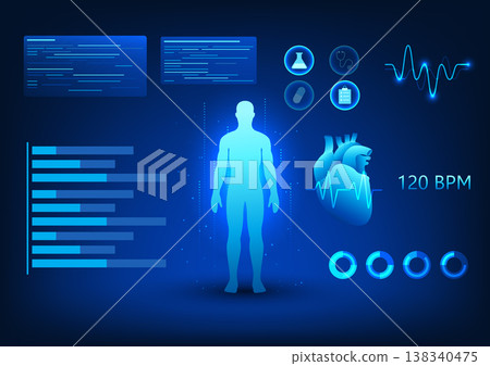 Medical technology A screen that projects a hologram of the human body showing heart rate information. The work of the heart system in order to diagnose disease and treat patients. Medical technology A screen that projects a hologram of the human body showing heart rate information. The work of the heart system in order to diagnose disease and treat patients. 138340475