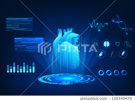 Medical technology background hologram image of the heart that shows the heart rate along with detailed information about internal organs. So that doctors can diagnose disease and provide treatment 138340476