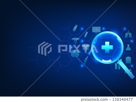 Medical technology Magnifying glass looking at medical icons, showing technology and medical that was jointly developed to help find information on treatment and diagnosis of new diseases with patient Medical technology Magnifying glass looking at medical icons, showing technology and medical that was jointly developed to help find information on treatment and diagnosis of new diseases with patient 138340477