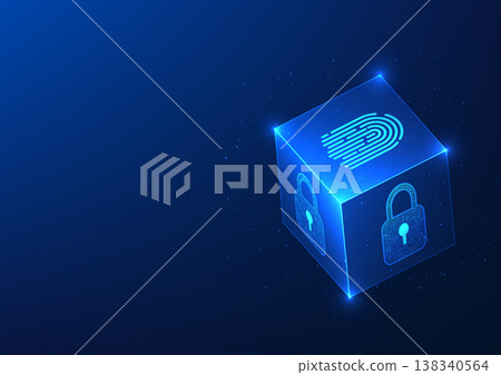 Data Security Technology Cube box with lock and fingerprint scanner conveys the idea that access to sensitive data with advanced security requires identification to confirm access. 138340564