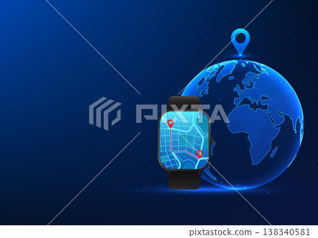 Smart watch technology, wristwatch that shows the location map, the back is a globe, a watch that is a navigator to the desired location and measures the walking distance,illustration,vector,wallpaper Smart watch technology, wristwatch that shows the location map, the back is a globe, a watch that is a navigator to the desired location and measures the walking distance,illustration,vector,wallpaper 138340581