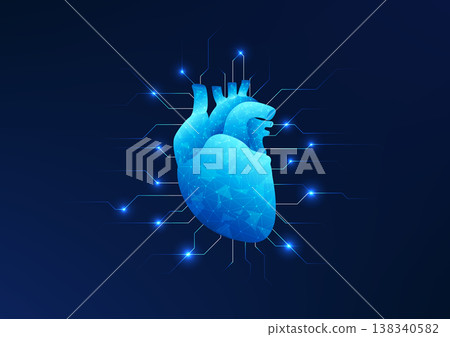 Medical technology background, Heart connected to a technology network with a technology circuit, conveys heart disease treatment using artificial organ technology for transplant treatment. Medical technology background, Heart connected to a technology network with a technology circuit, conveys heart disease treatment using artificial organ technology for transplant treatment. 138340582