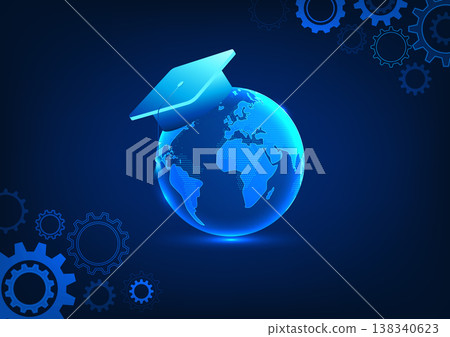 Education in the Digital Age, a world with graduation caps and gears, symbolizes learning that uses technology, conveying the future of education and innovation Education in the Digital Age, a world with graduation caps and gears, symbolizes learning that uses technology, conveying the future of education and innovation 138340623