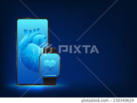 Smart watch technology that connects data to a smartphone that shows heart rate measurements. It is a wristwatch with a heart on the front and a mobile phone that shows the heart rate. Smart watch technology that connects data to a smartphone that shows heart rate measurements. It is a wristwatch with a heart on the front and a mobile phone that shows the heart rate. 138340629