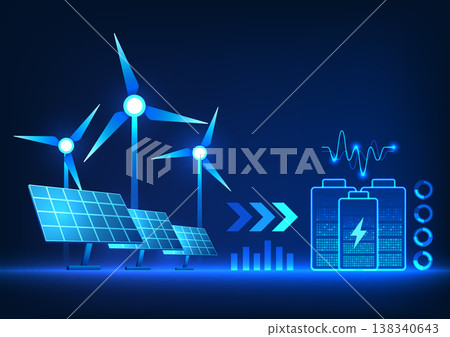 Battery technology that uses clean, natural energy to charge the environment does not harm the environment. With windmill and solar cells connected to batteries as backup power. 138340643