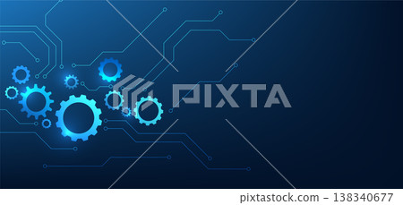 Technology background of drive, various gears connected by circuit lines, conveying the collaboration in efficient and innovative mechanical systems. 138340677