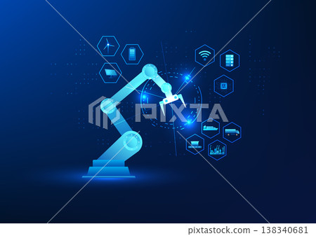 Industrial Technology, Robotic Arm with Industrial Icon in Hexagon Shape, Represents Advances in Manufacturing and Automation Technology, Ideal for Presentations on Robotics and Industry 4.0. 138340681