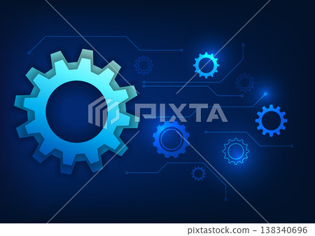 Technology background of drive, large gears connected to small gears through circuit lines, representing the collaboration and innovation in complex mechanical systems. 138340696