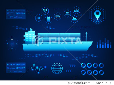 Screen displays a ship using AI technology with surrounding elements about transportation innovation, conveying the development in the transportation and logistics industry, suitable for technology Screen displays a ship using AI technology with surrounding elements about transportation innovation, conveying the development in the transportation and logistics industry, suitable for technology 138340697