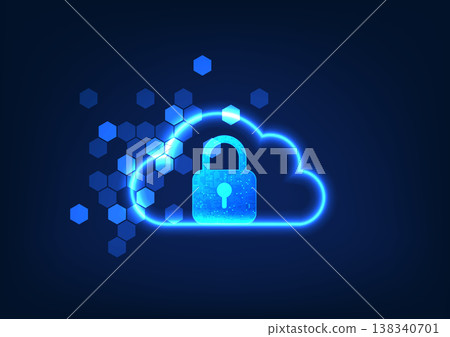 Cloud technology background inside is a lock with elements, showing the storage of data in a secure cloud system, data is stored through the internet network. 138340701