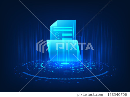 Hologram image of a digital storage technology document file projected, showing a digital document file stored on a secure Internet-based server. Hologram image of a digital storage technology document file projected, showing a digital document file stored on a secure Internet-based server. 138340706