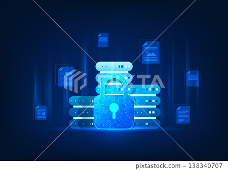 Background of the technology server with a security system is a lock in front of the important document files. It is a storage of important information within the company via the Internet. 138340707