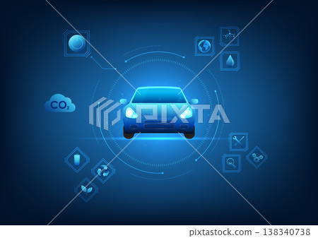 Eco car technology background is a technology that saves energy resources and reduces carbon dioxide emissions. It is a cheap car with a technology circle and energy icons. 138340738