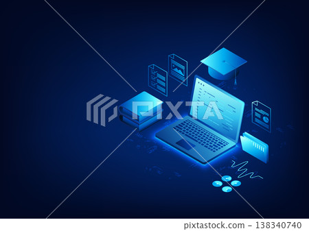 Education Technology Background, Computer with a Graduation Cap on Top Conveys the Use of Technology in Education and Skill Development, Suitable for Learning and Educational Innovation. 138340740