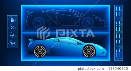 Digital Twin of a supercar represents the development of vehicle innovation, performance analysis and tuning through virtual reality for maximum performance in a world of speed and technology. 138340820
