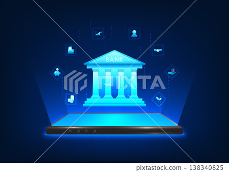 Fintech technology shows a smartphone projecting a holographic image of the bank and investment icons, conveying the message of accessible, fast and smart finance through cutting-edge innovation. 138340825