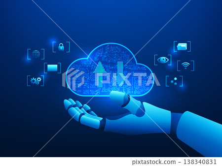 Robotic hand interacts with cloud computing, representing advanced data processing and business support, integrating artificial intelligence, data storage and connectivity. Robotic hand interacts with cloud computing, representing advanced data processing and business support, integrating artificial intelligence, data storage and connectivity. 138340831