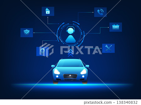 Service technology, the car linked to the service icon, conveys fast and modern communication, real-time customer service, accidents, insurance, and facilitates business connections. 138340832