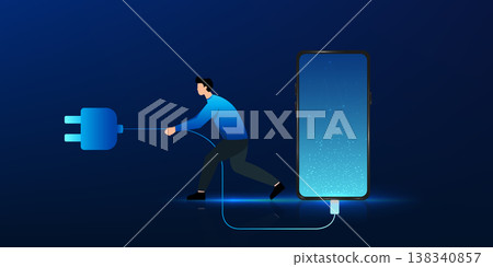 Digital detox concept. A man unplugs his smartphone to take a break from the screen. Symbol of mindfulness, mental health and connection to the real world. Digital detox concept. A man unplugs his smartphone to take a break from the screen. Symbol of mindfulness, mental health and connection to the real world. 138340857