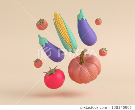 簡單的背景，上面漂浮著3D立體的夏季蔬菜。 138340965