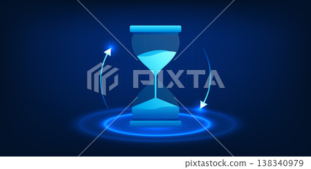 Futuristic digital hourglass surrounded by rotating arrows, symbolizing time flow, technological evolution, and continuous progress in the digital era 138340979