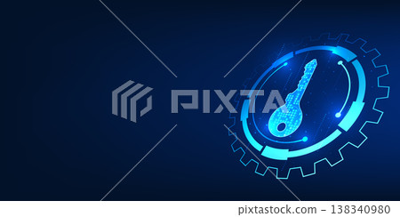 Digital key inside a gear, symbolizing cybersecurity, automated system protection, and secure technology operations 138340980