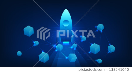 Blockchain technology illustration with connected data blocks and a rocket symbol in the center, representing fast transaction, high-speed data transformation, and modern cryptocurrency innovation Blockchain technology illustration with connected data blocks and a rocket symbol in the center, representing fast transaction, high-speed data transformation, and modern cryptocurrency innovation 138341040
