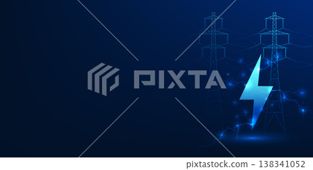High voltage electric pole with lightning symbol represents modern energy technology, energy use and clean energy innovation that combines natural energy with solar energy from solar cells. 138341052
