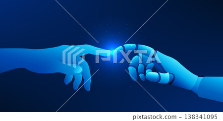 Human hand and robotic AI hand touching fingers, symbolizing the connection between humanity and artificial intelligence, collaboration, and future technology integration 138341095
